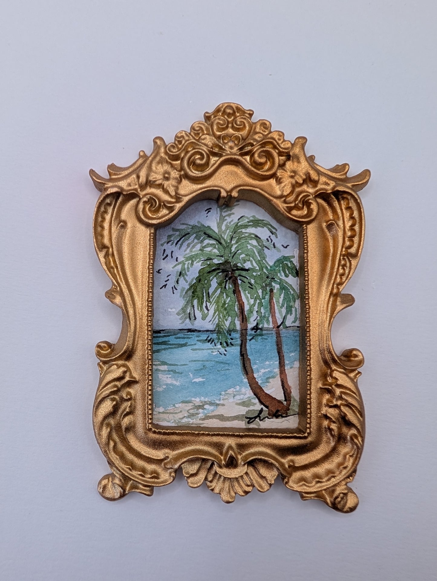 Mini Palm Tree Beach Painting - Original Watercolor Art by Lora Cavallin