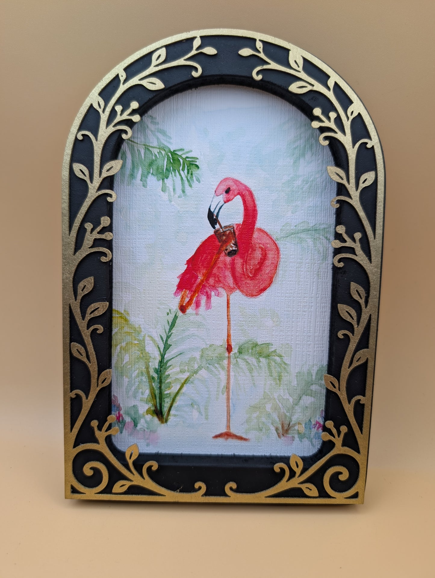 Sassy Flamingo with Iced Drink Print - Arched Framed Print