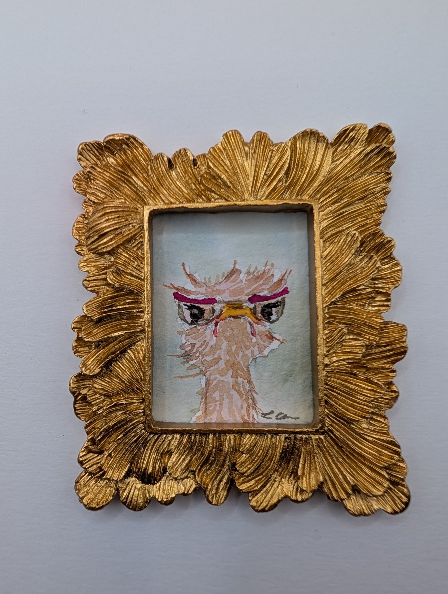 Mini Grumpy Ostrich with Glasses Painting - Original Watercolor Art by Lora Cavallin