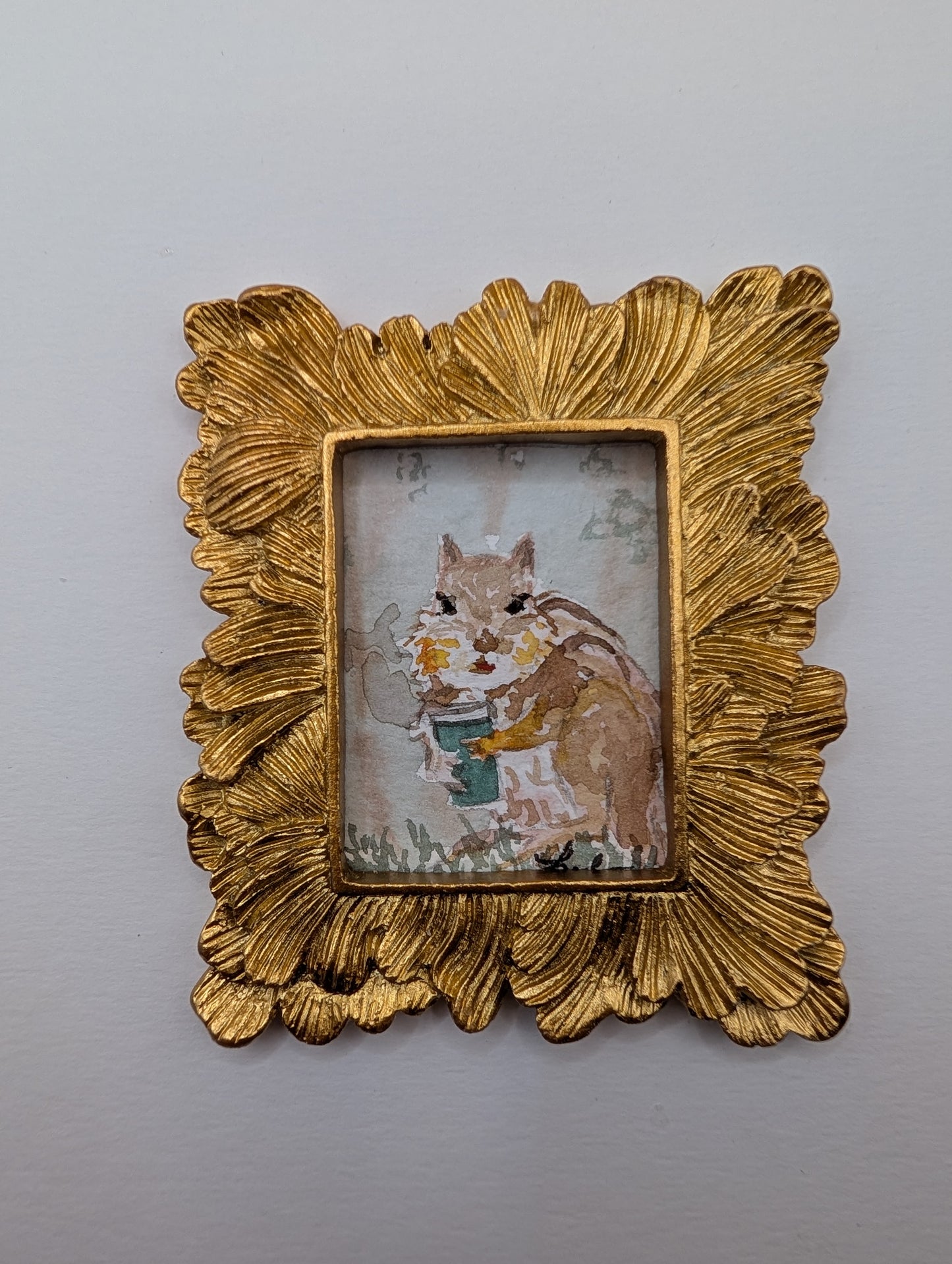 Mini Chipmunk with Coffee Painting - Original Watercolor Art by Lora Cavallin