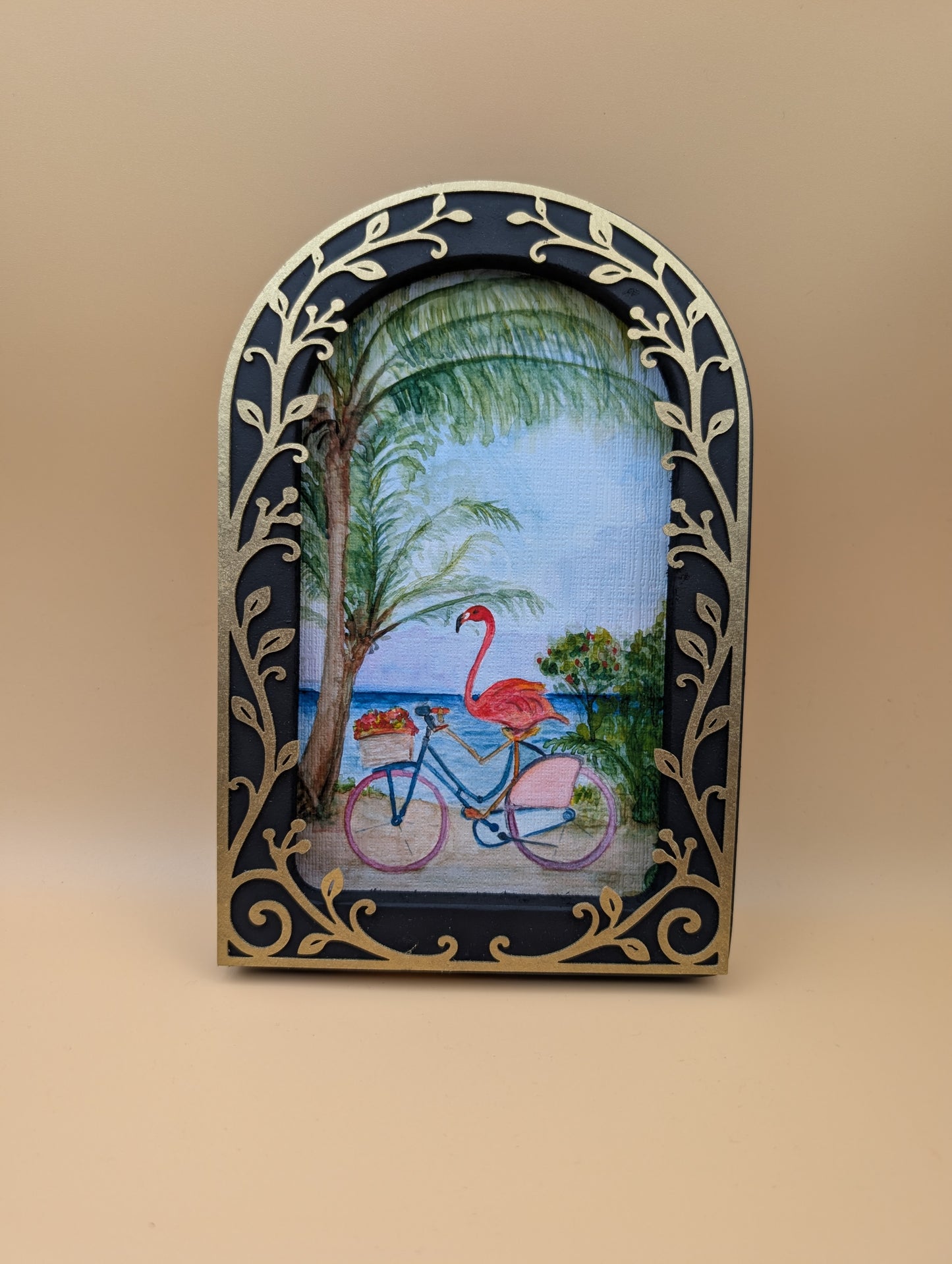 Flamingo Beach Day Print - Arched Framed Print