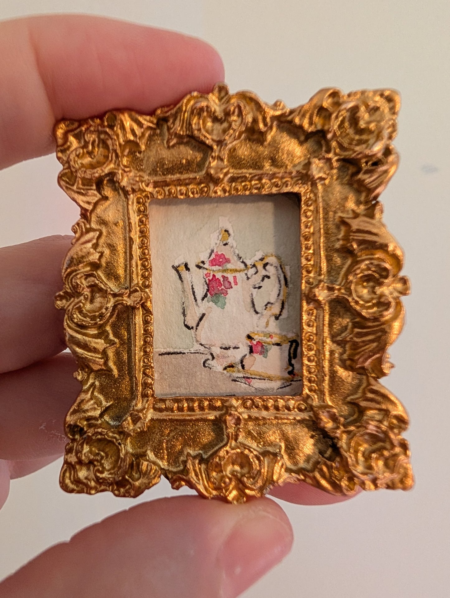 Mini Teapot and Teacup Painting - Original Watercolor Art by Lora Cavallin