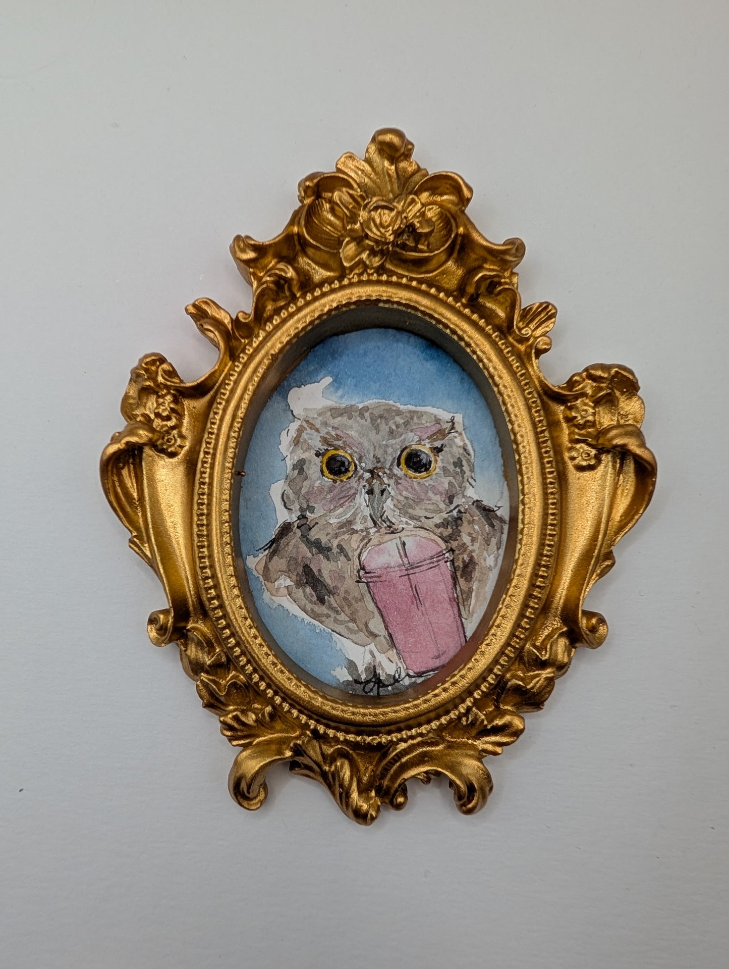 Mini Owl with Iced Drink Painting - Original Watercolor Art by Lora Cavallin