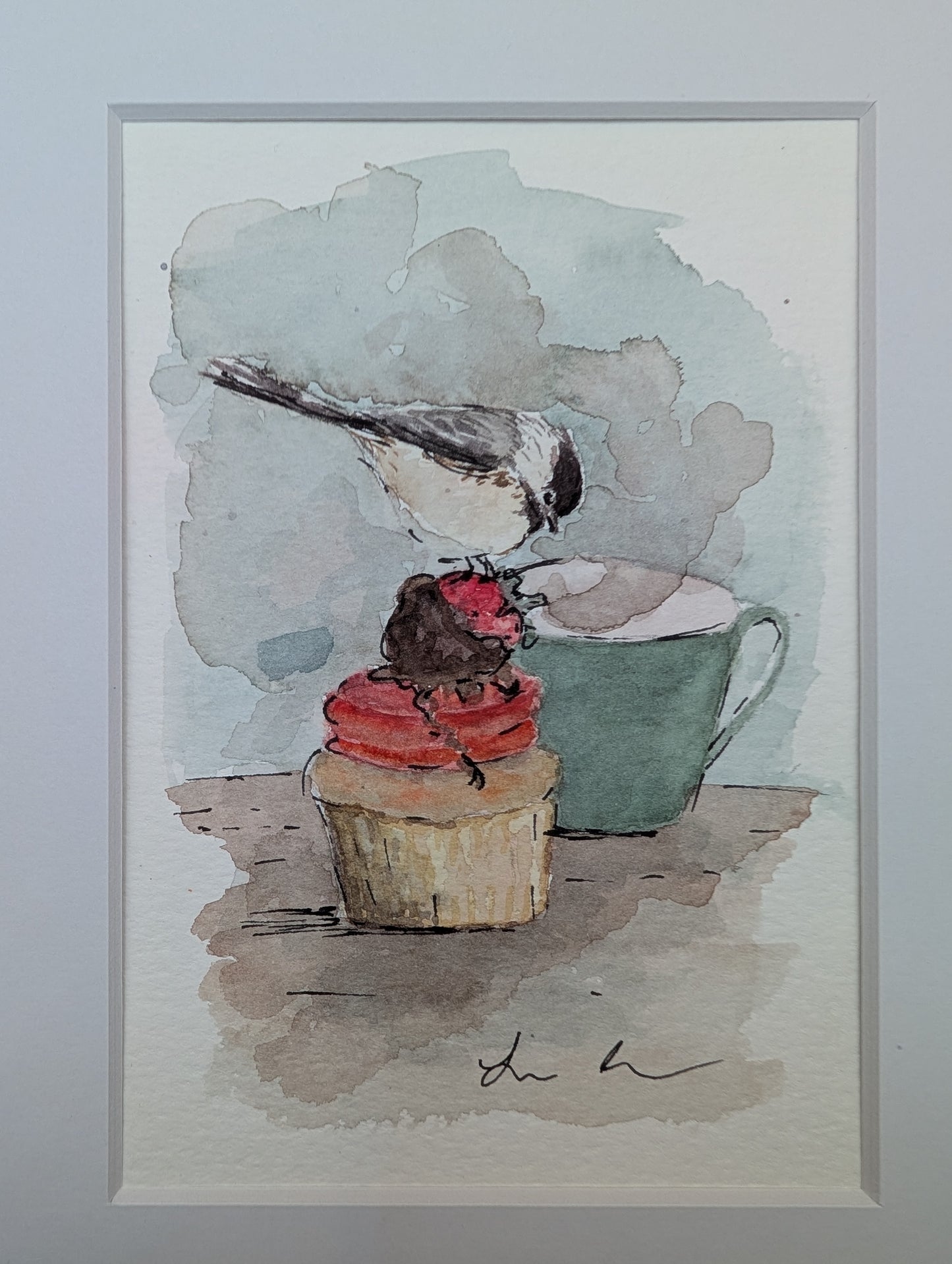Chickadee Bird with Cupcake and Coffee Watercolor Painting - 5 x 7, 8 x 10" Mat - No Frame - Original Art by Lora Cavallin