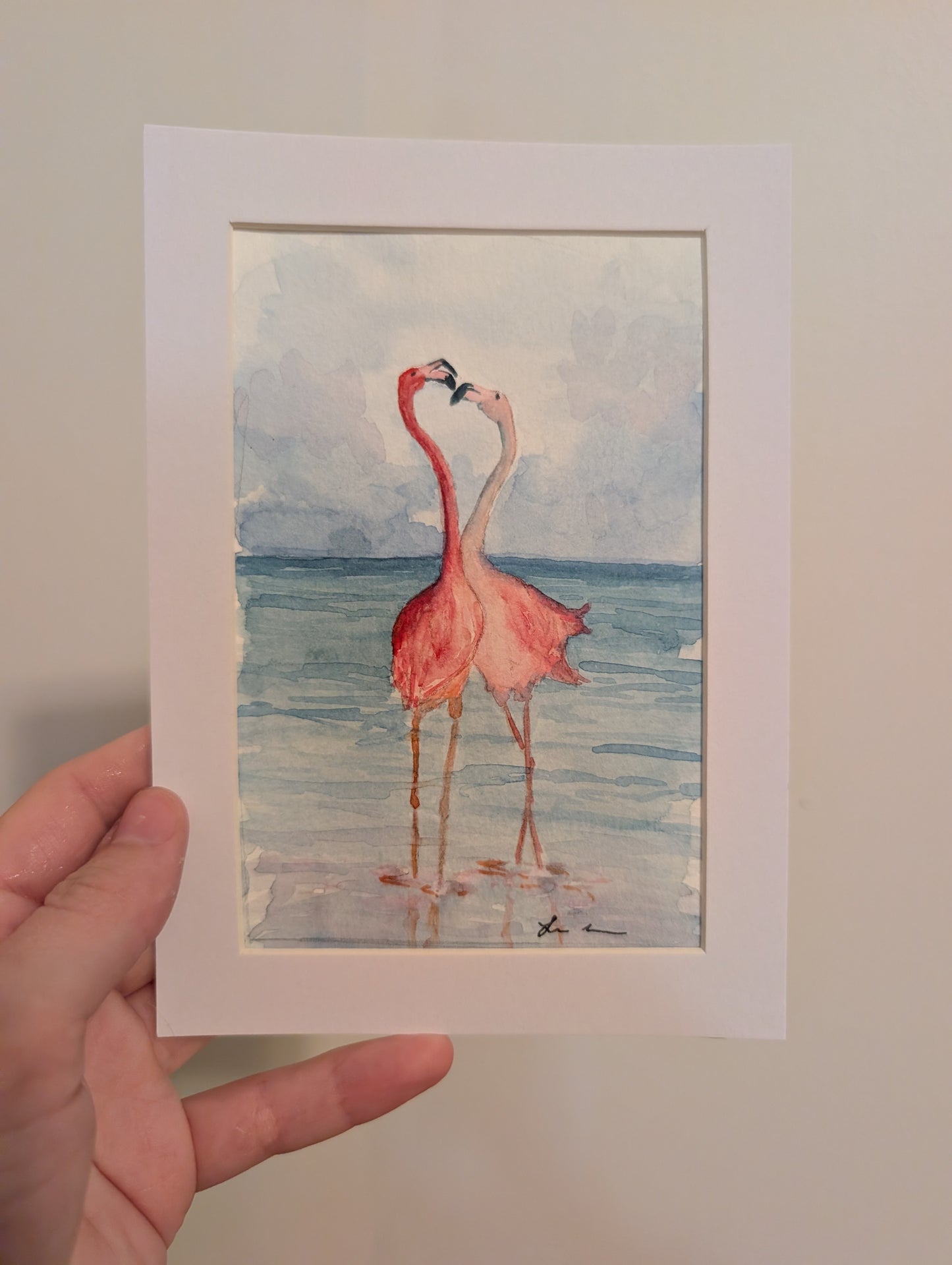 Flamingos in Love Watercolor Painting - 4 x 6" - No Frame, Comes with Mat - Original Art by Lora Cavallin