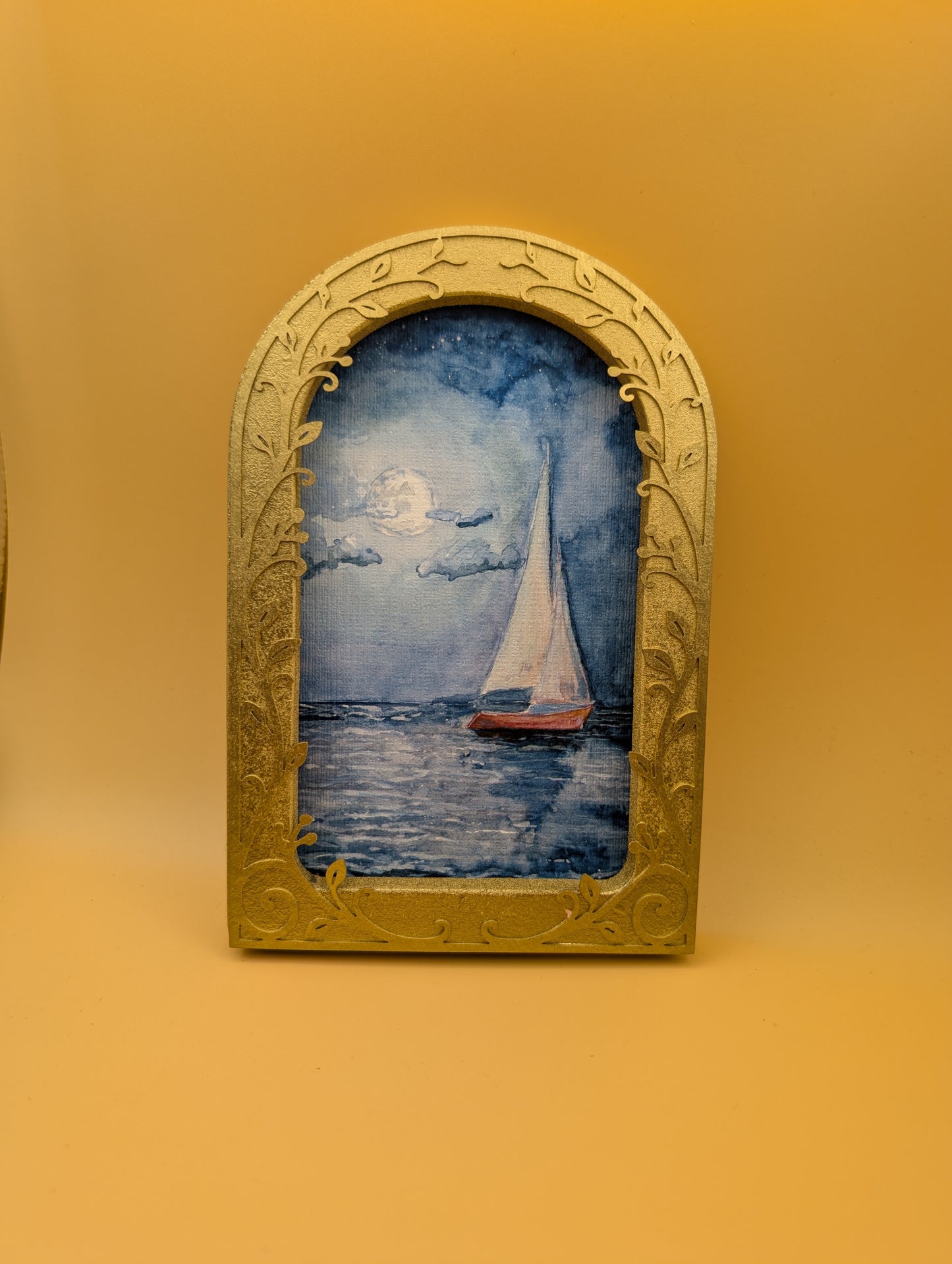 Sailboat and Full Moon Print - Arched Framed Print