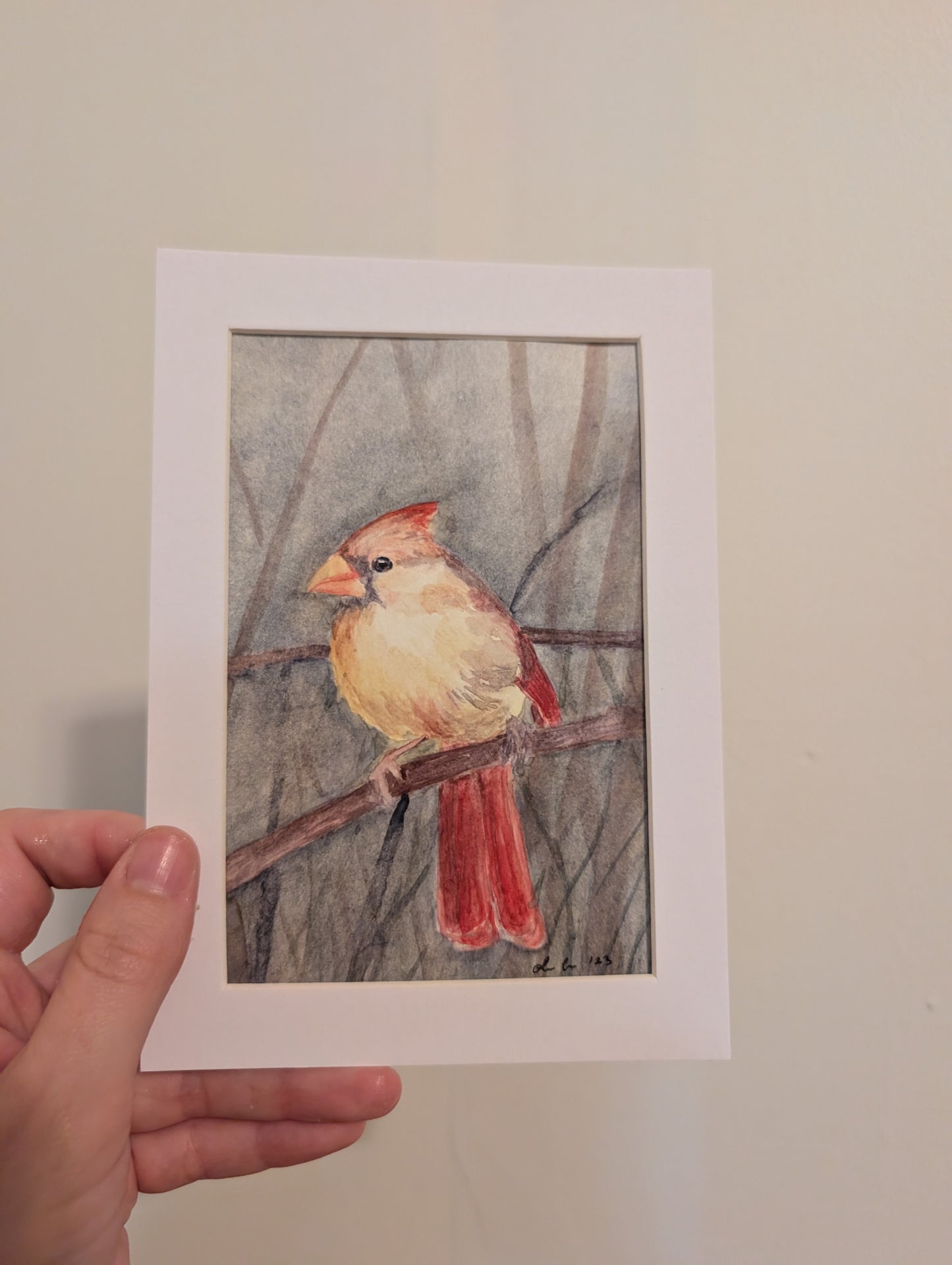 Female Cardinal Bird Watercolor Painting - 4 x 6" - No Frame, Comes with Mat - Original Art by Lora Cavallin
