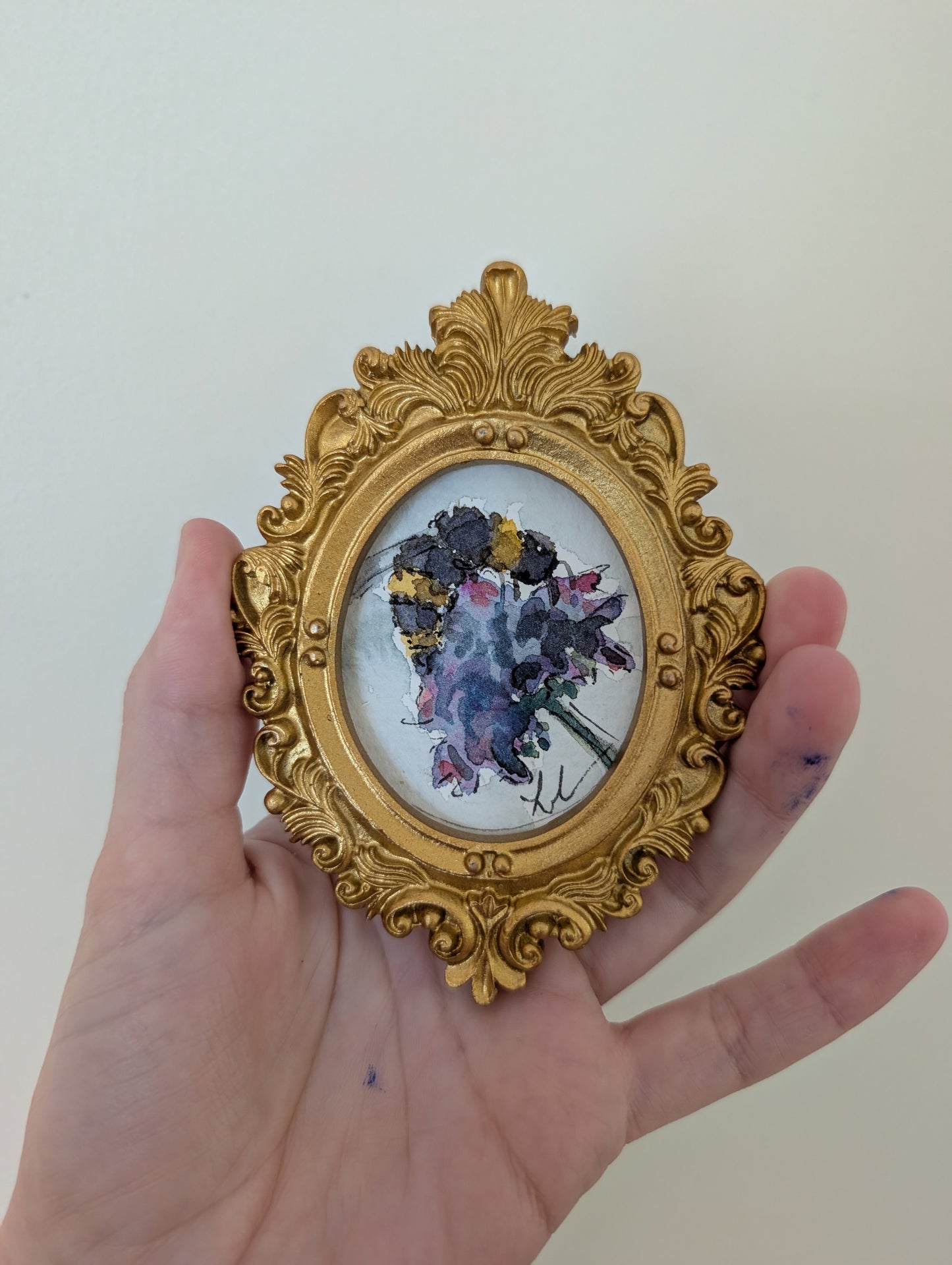 Mini Bee on Flower Painting - Original Watercolor Art by Lora Cavallin