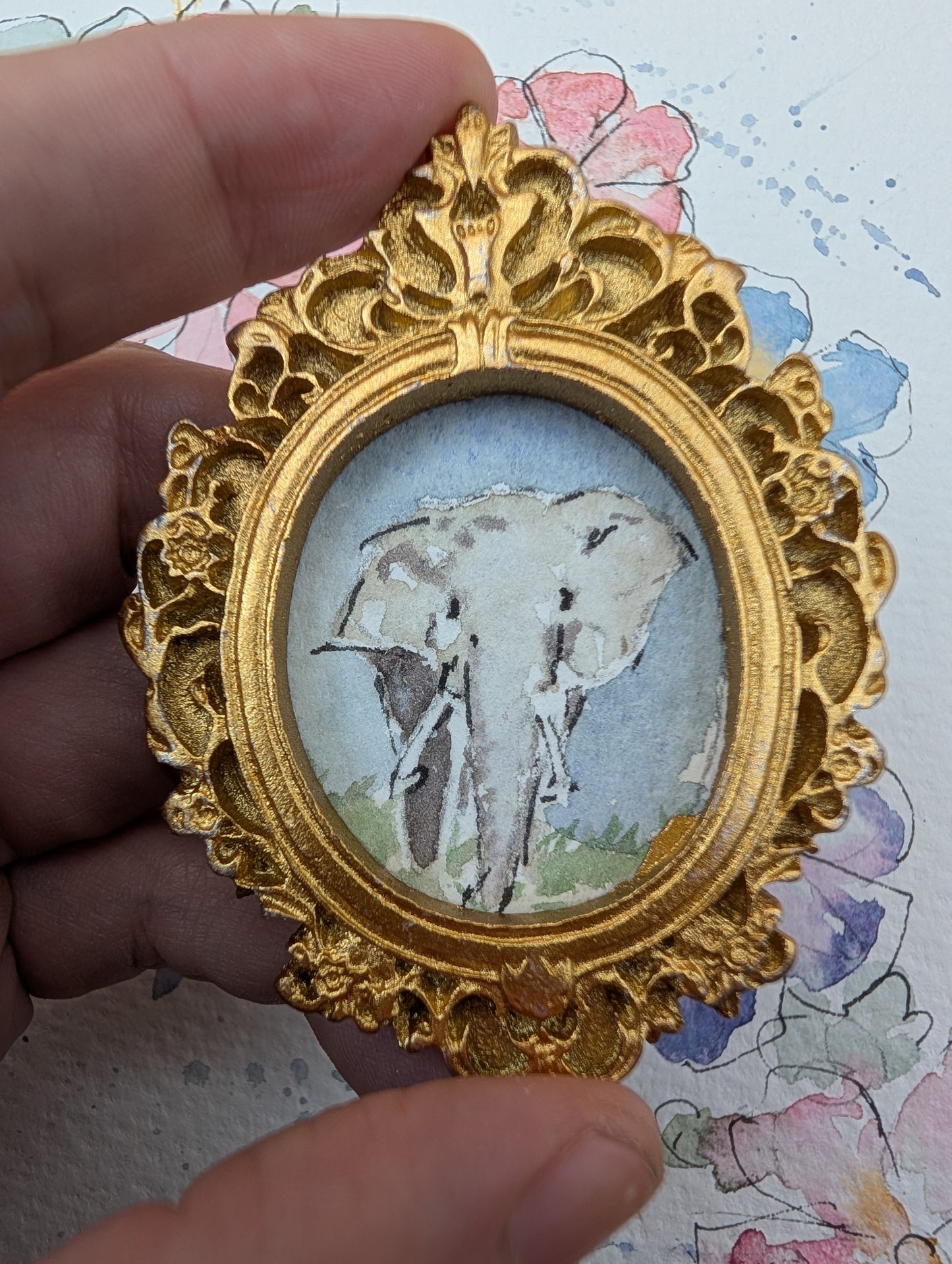 Mini Elephant Painting - Original Watercolor Art by Lora Cavallin