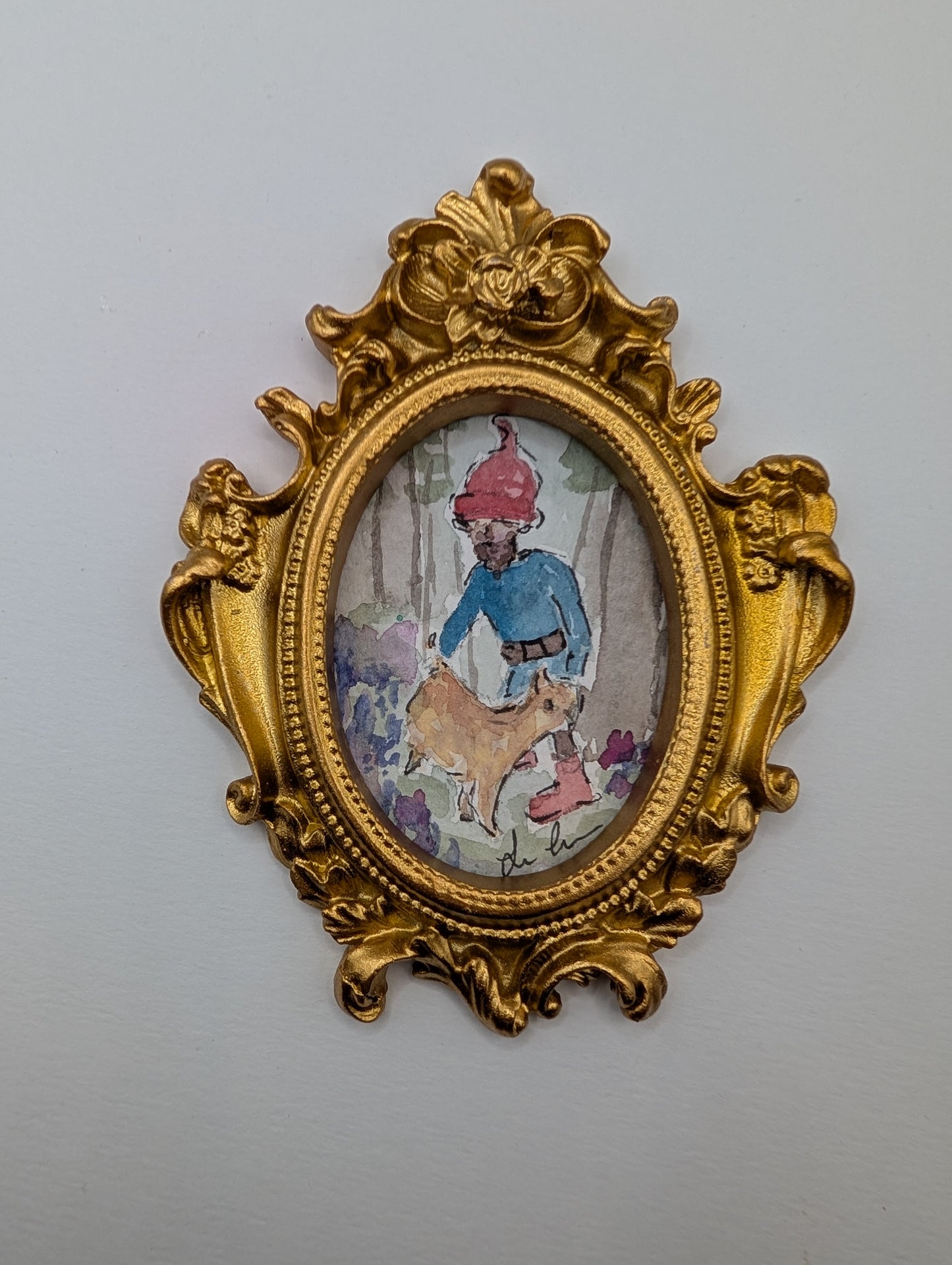 Mini Forrest Gnome with Cat Painting - Original Watercolor Art by Lora Cavallin