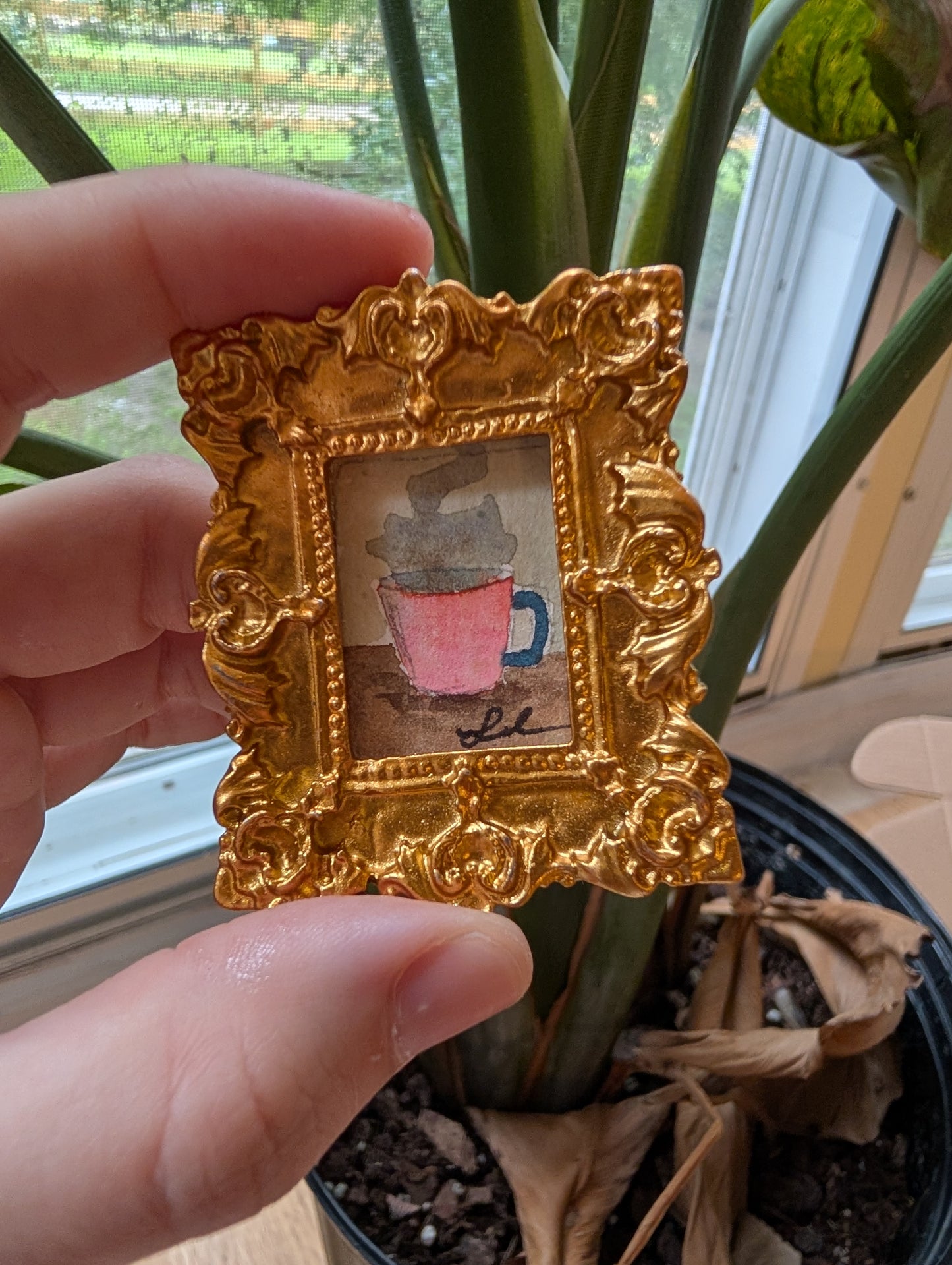 Mini Coffee Mug Painting - Original Watercolor Art by Lora Cavallin