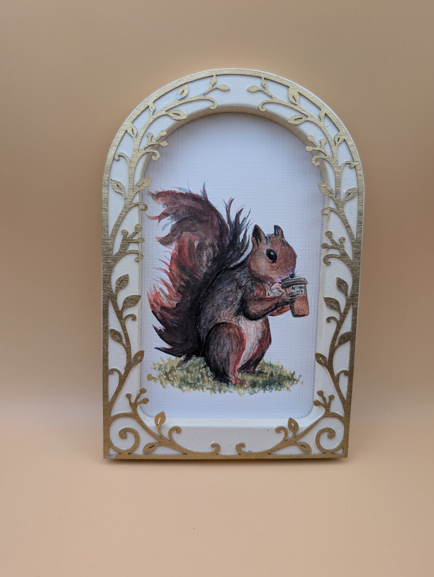 Squirrel Drinking Coffee Print - Arched Framed Print