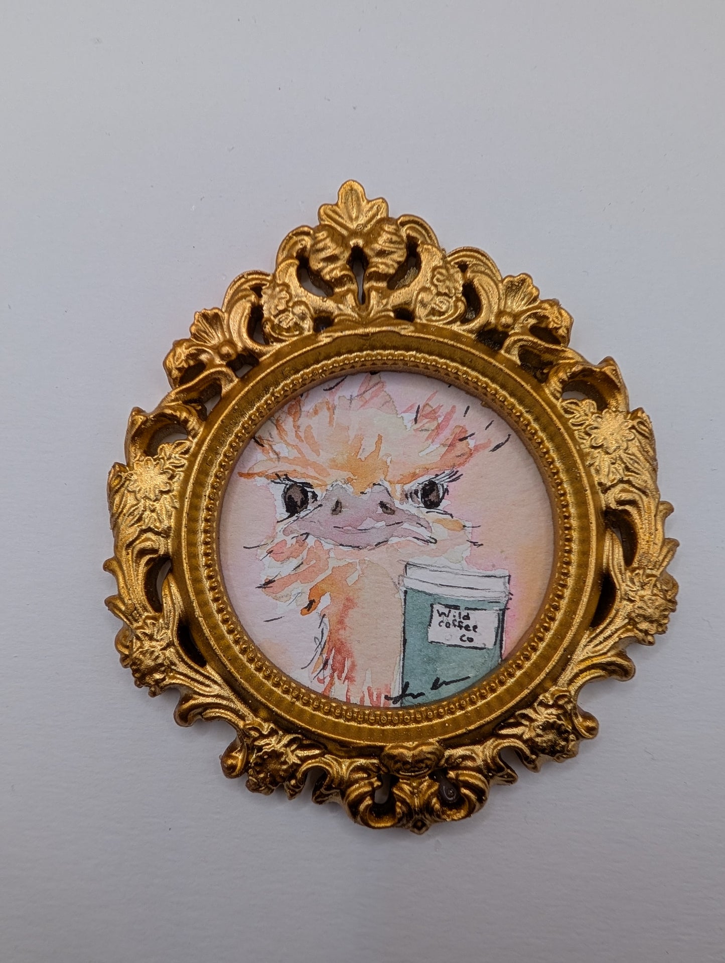 Mini Ostrich with Coffee Painting - Original Watercolor Art by Lora Cavallin