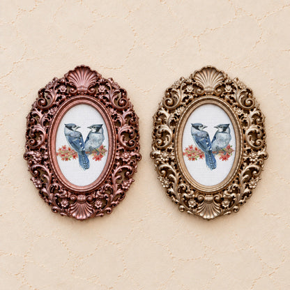 Blue Jays in Blossom, gold and rose gold side by side