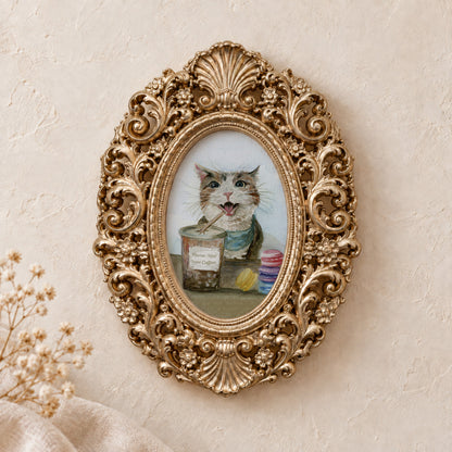 Cat with Iced Coffee framed art print, gold baroque frame