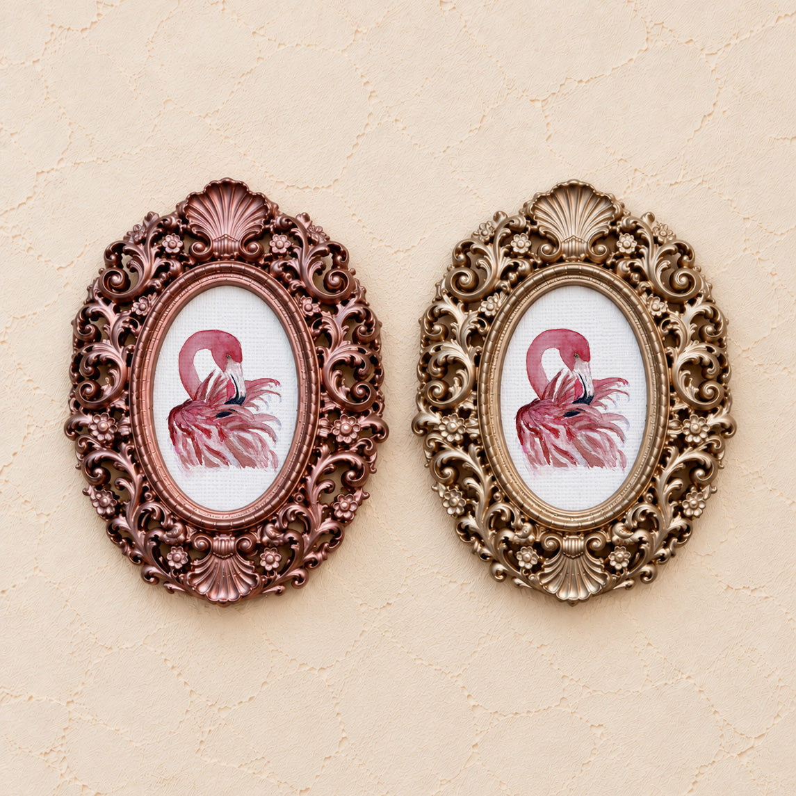 Flamingo Preening Close-Up, gold and rose gold side by side