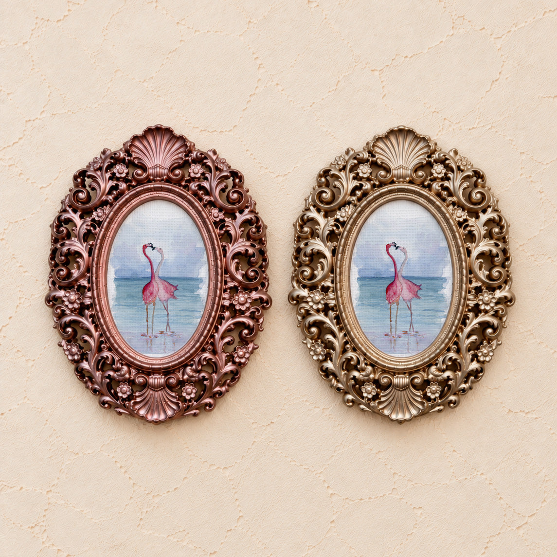 Flamingos in Love, gold and rose gold side by side