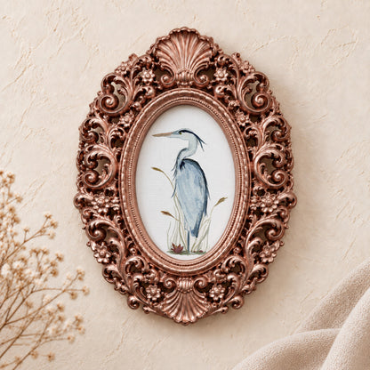 Heron in Cattails framed art print, rose gold baroque frame