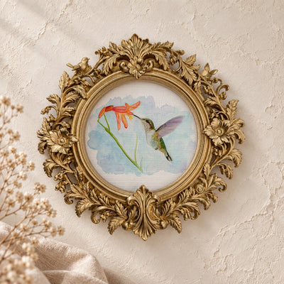 Hummingbird and Daylily round framed art print, gold baroque frame