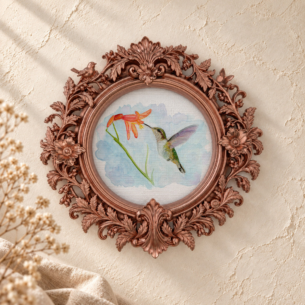 Hummingbird and Daylily round framed art print, rose gold baroque frame