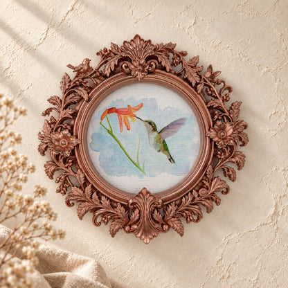 Hummingbird and Daylily round framed art print, rose gold baroque frame