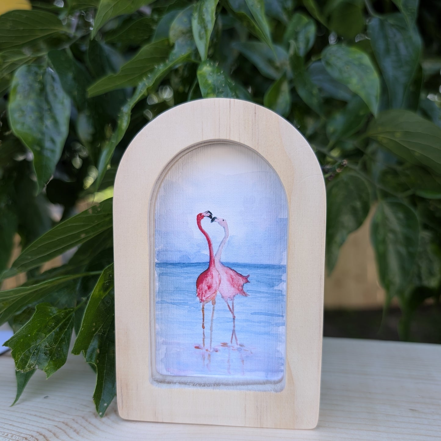 Mini Flamingos in Love Print - Print in Solid Wood Arch Frame