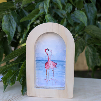 Mini Flamingos in Love Print - Print in Solid Wood Arch Frame