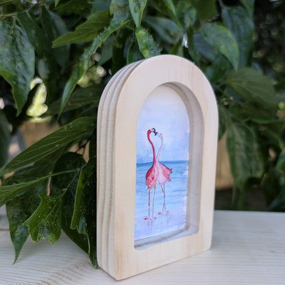 Mini Flamingos in Love Print - Print in Solid Wood Arch Frame