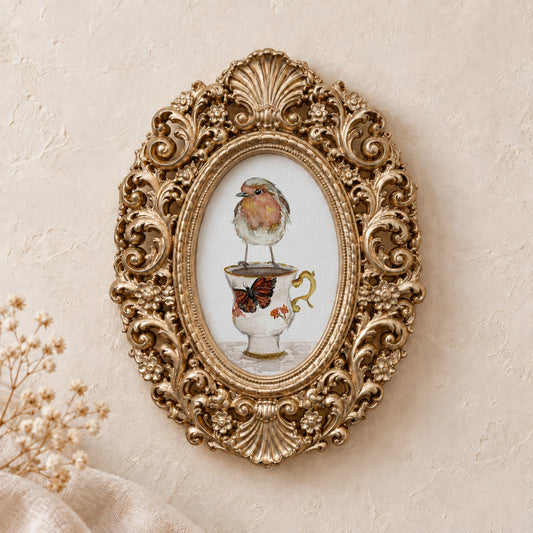 Robin on a Teacup framed art print, gold baroque frame