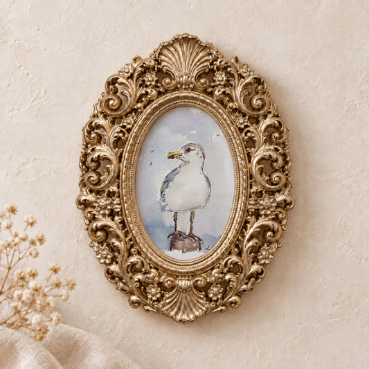 Seagull Portrait framed art print, gold baroque frame