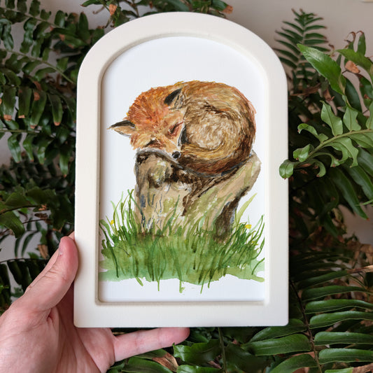 Sleeping Fox on Tree Stump - Large Arched Frame
