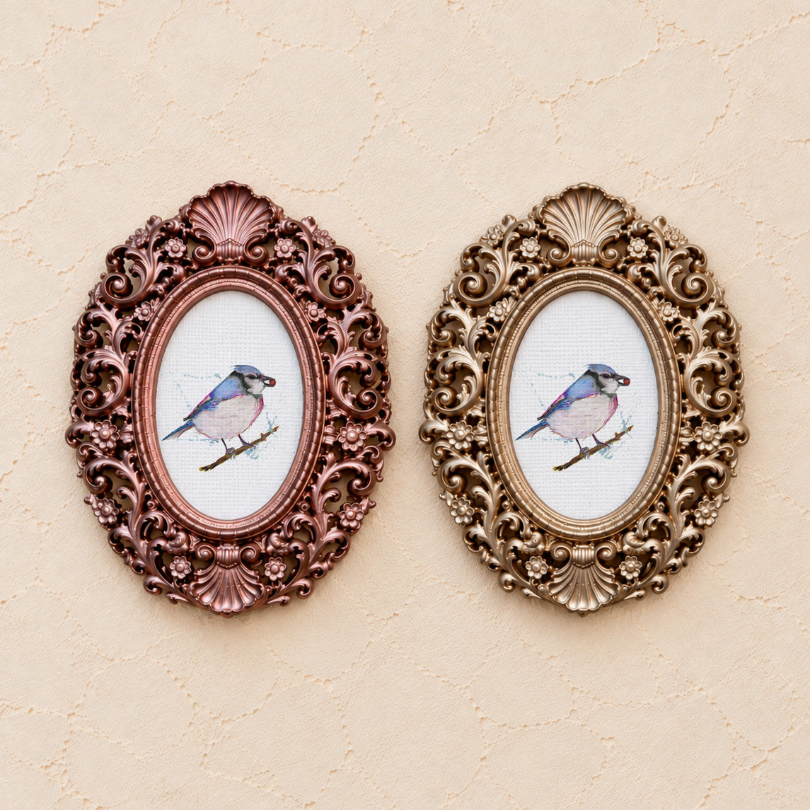 Songbird on a Branch, gold and rose gold side by side