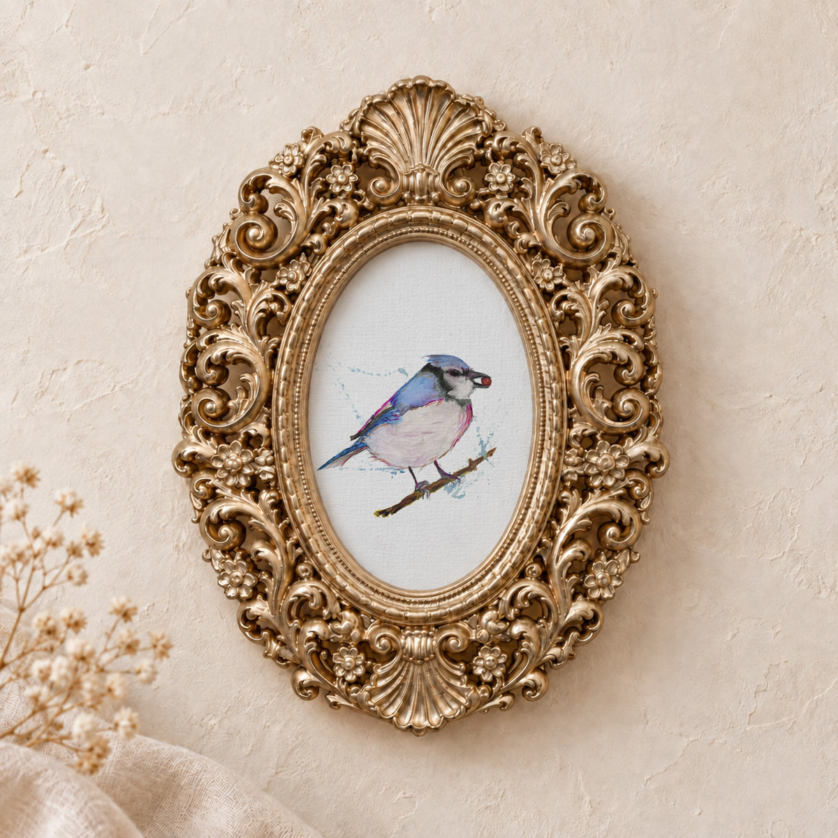 Songbird on a Branch framed art print, gold baroque frame