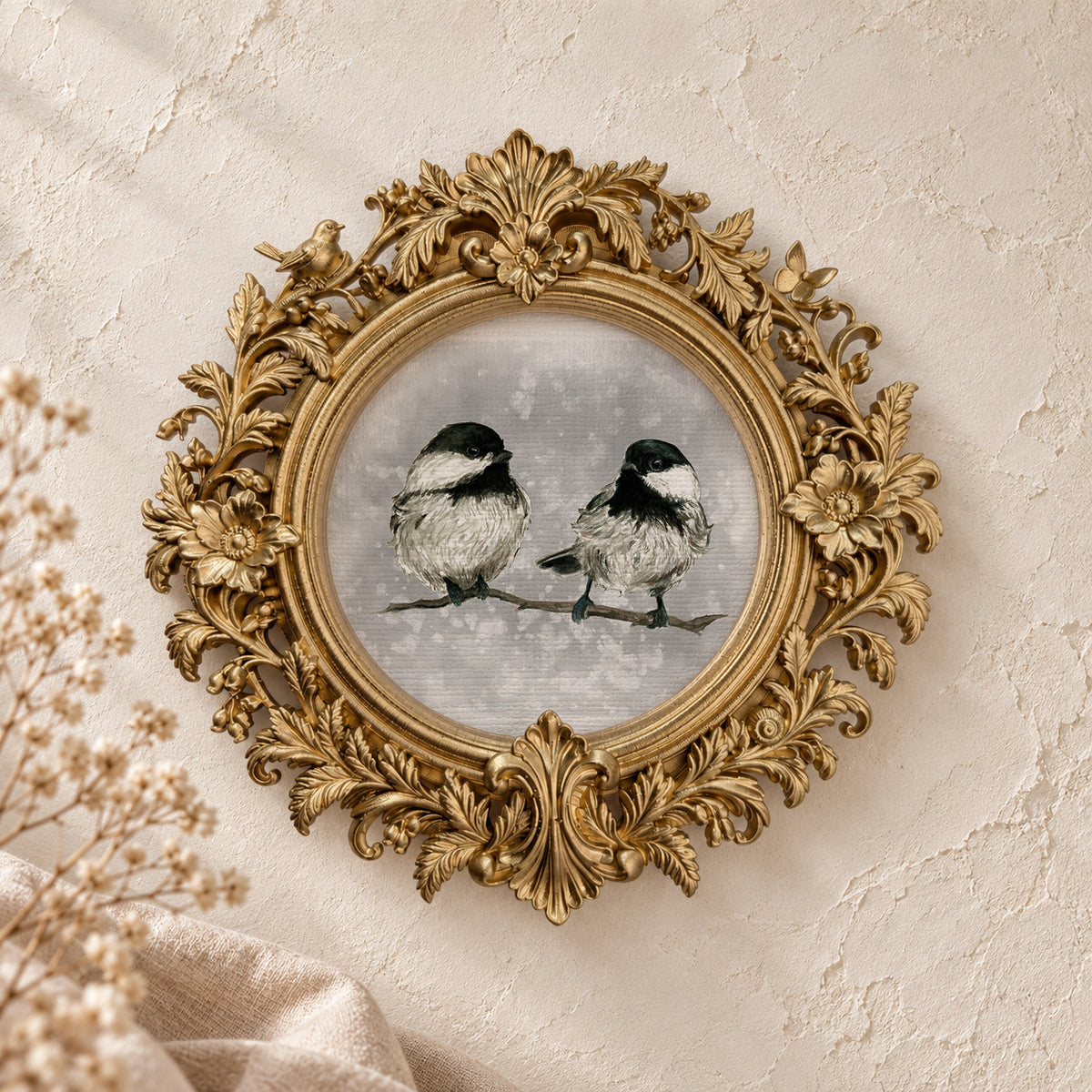 Two Chickadees on a Snowy Branch — Round Framed Art Print