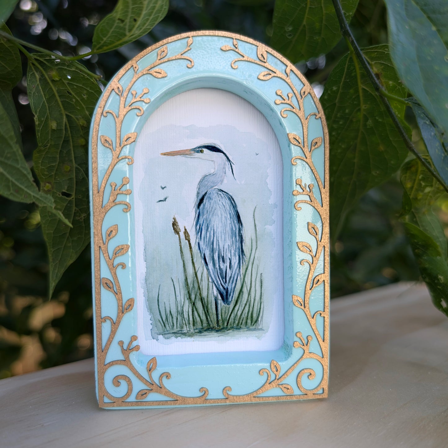 Blue Heron in Reeds  - Ornate Arch Frame