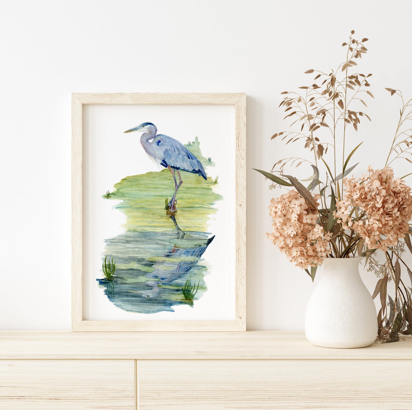 Blue Heron Reflection in the water - Lora Cavallin Art - Not Framed Print Only