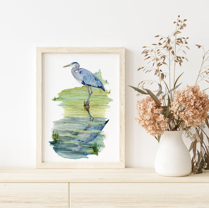 Blue Heron Reflection in the water - Lora Cavallin Art - Not Framed Print Only