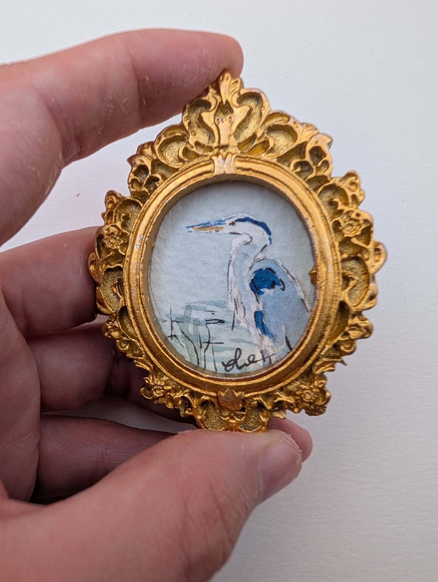 Mini Blue Heron Painting - Original Watercolor Art by Lora Cavallin