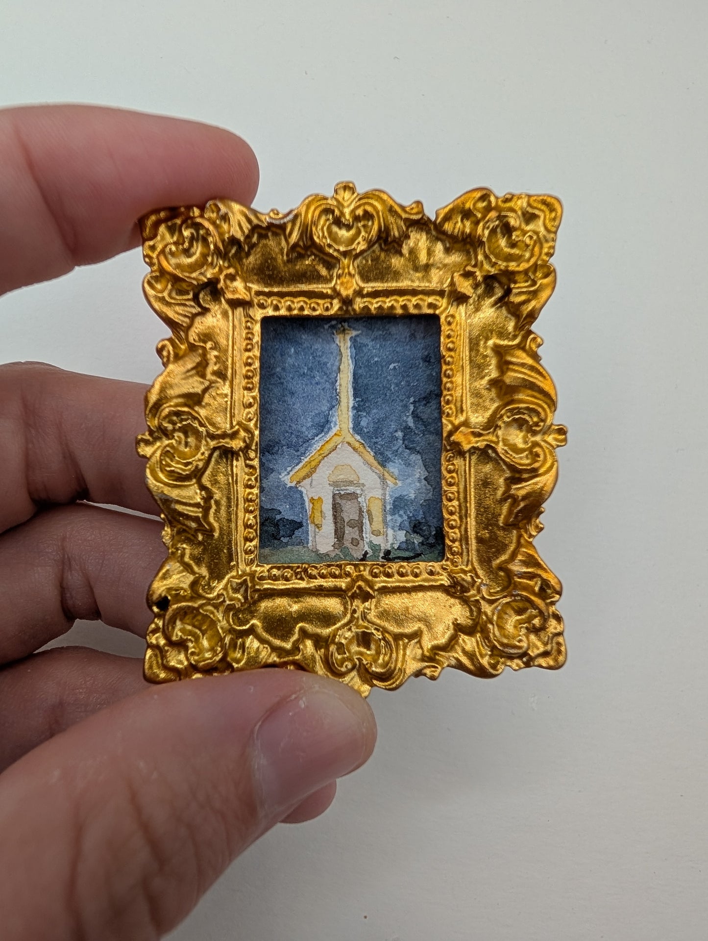 Mini Church at Night Painting - Original Watercolor Art by Lora Cavallin