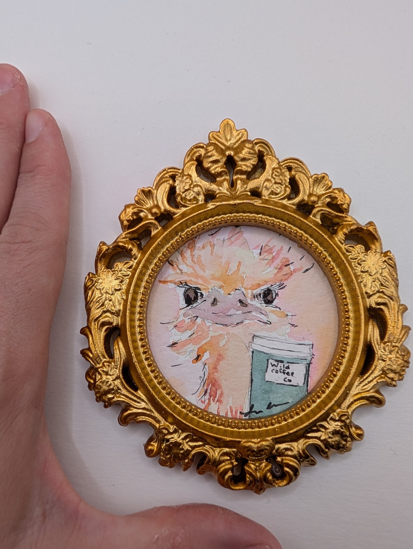 Mini Ostrich with Coffee Painting - Original Watercolor Art by Lora Cavallin
