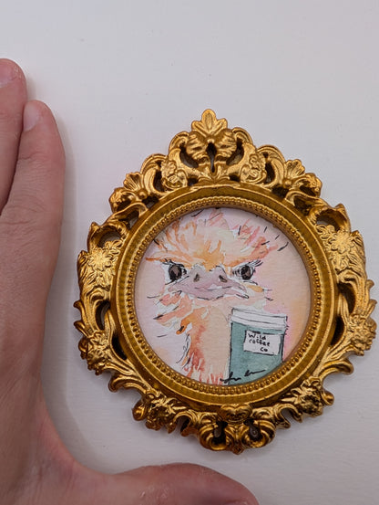 Mini Ostrich with Coffee Painting - Original Watercolor Art by Lora Cavallin