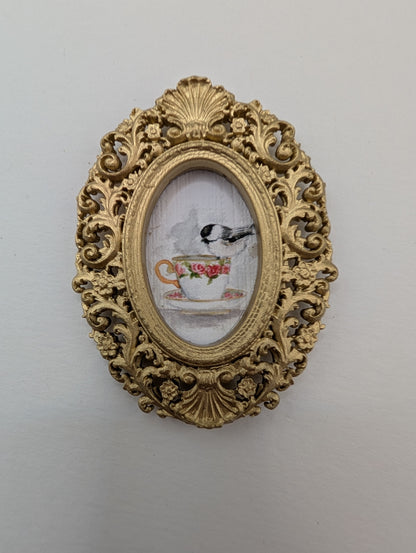 Tiny Chickadee Bird on Teacup Watercolor Art Print - Dollhouse Size - With Gold Frame