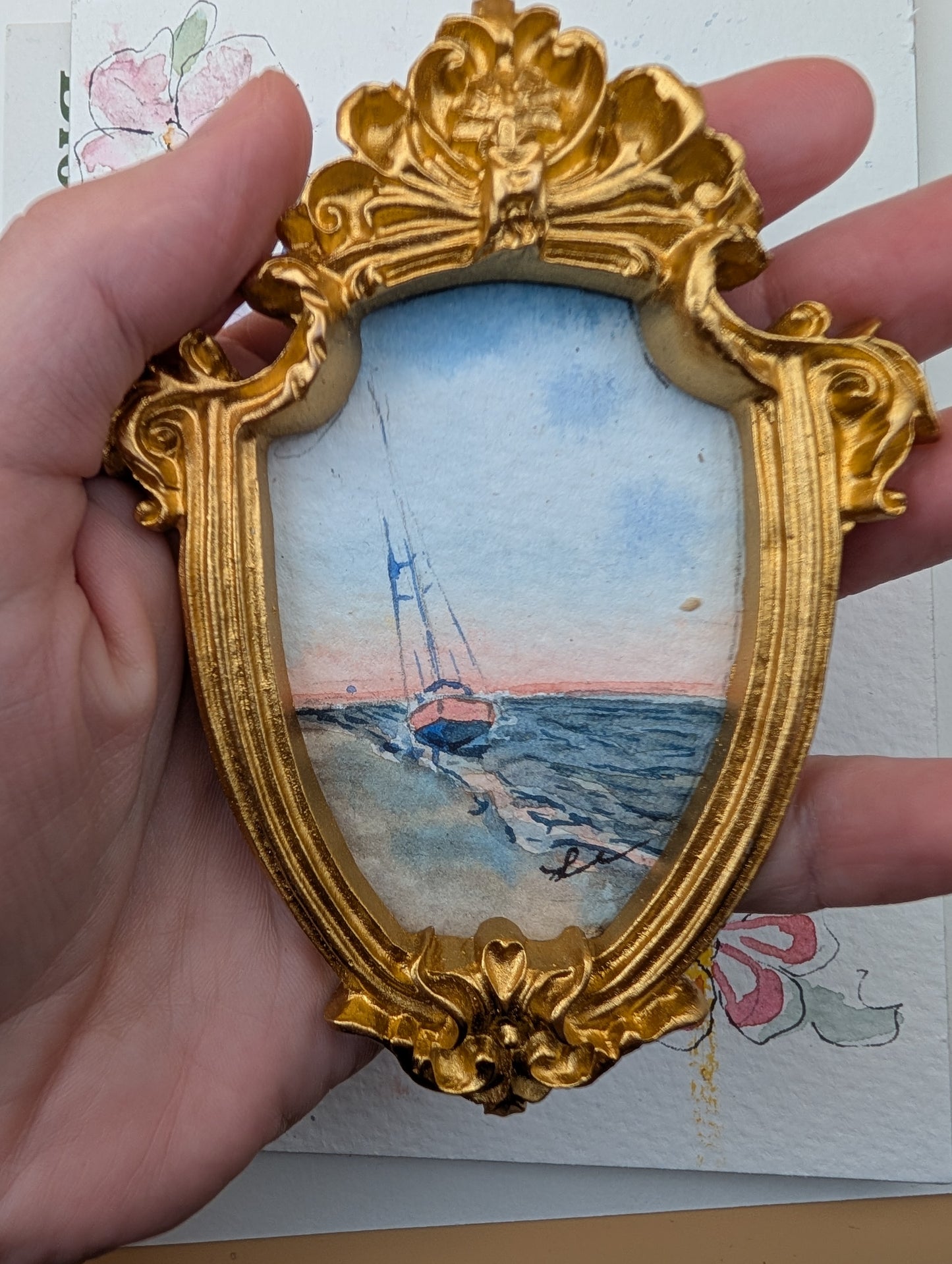 Mini Sailboat on Beach Painting - Original Watercolor Art by Lora Cavallin