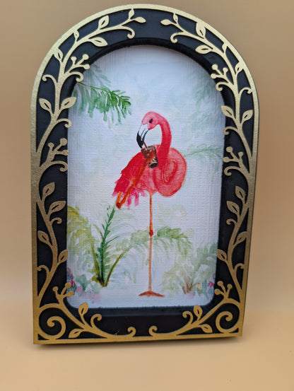 Sassy Flamingo with Iced Drink Print - Arched Framed Print