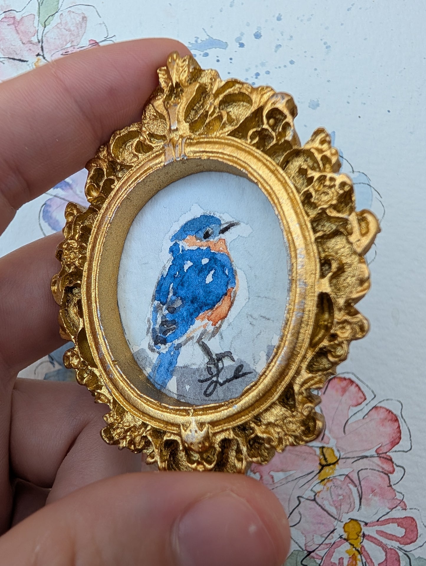 Mini Bluebird Painting - Original Watercolor Art by Lora Cavallin