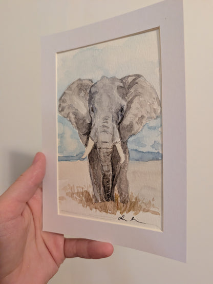 Elephant Watercolor Painting - 4 x 6" - No Frame, Comes with Mat - Original Art by Lora Cavallin