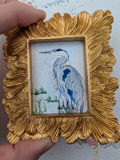 Mini Blue Heron Painting - Original Watercolor Art by Lora Cavallin