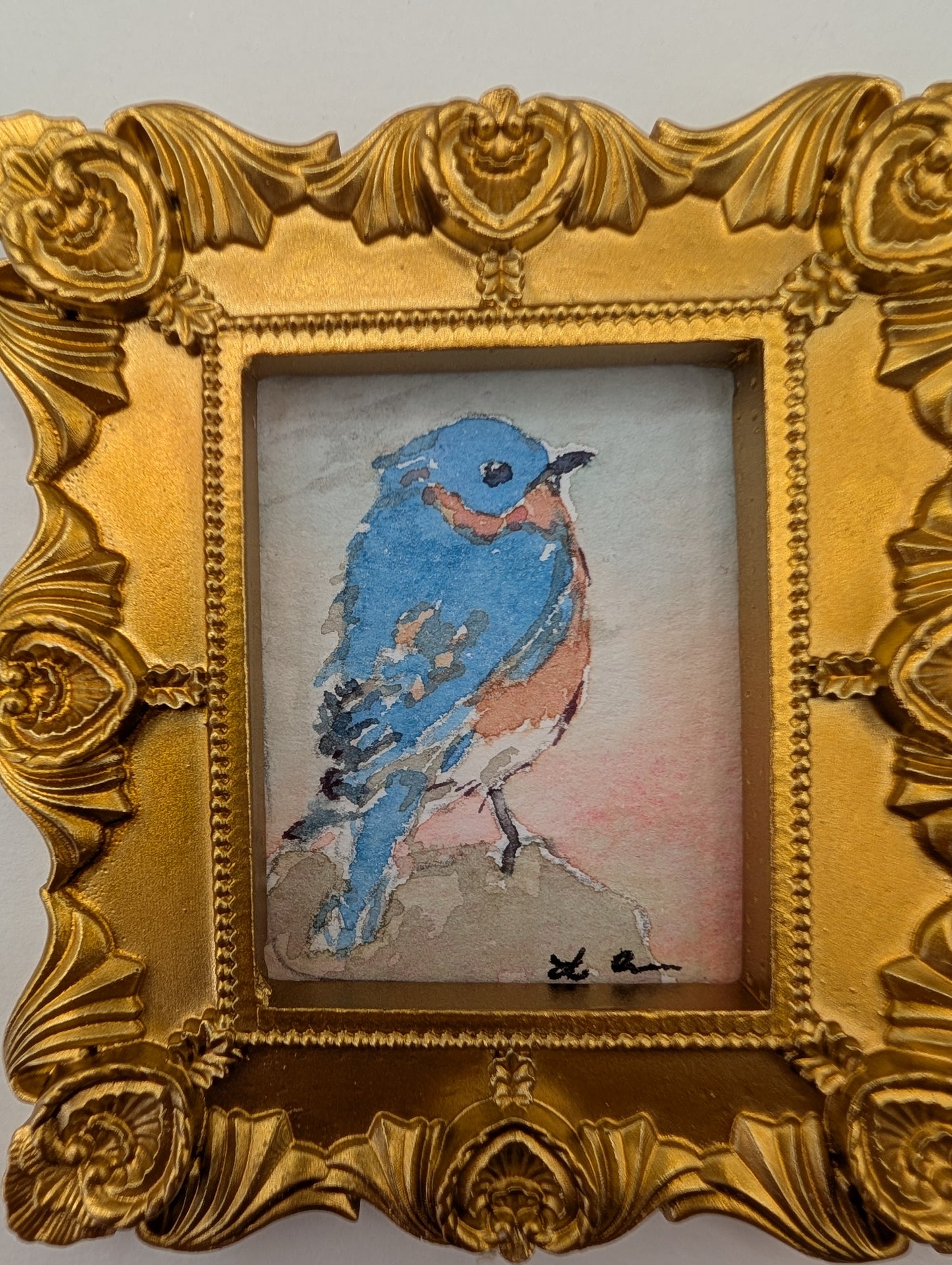 Mini Bluebird Painting - Original Watercolor Art by Lora Cavallin