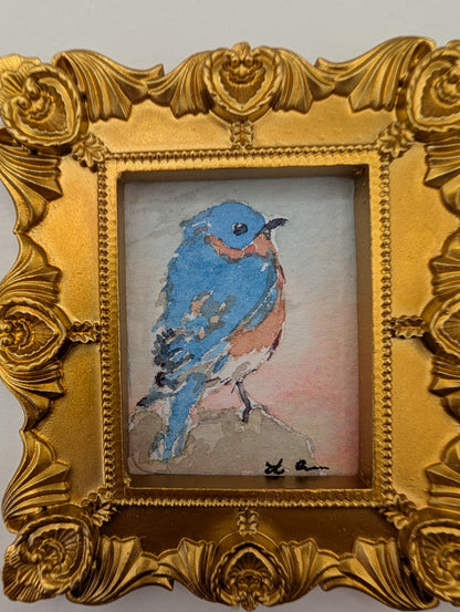 Mini Bluebird Painting - Original Watercolor Art by Lora Cavallin