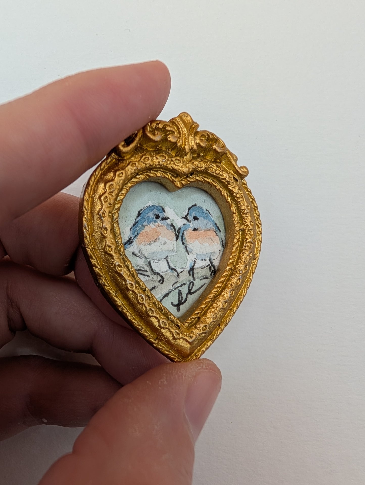 Mini Bluebirds in Love Painting - Original Watercolor Art by Lora Cavallin